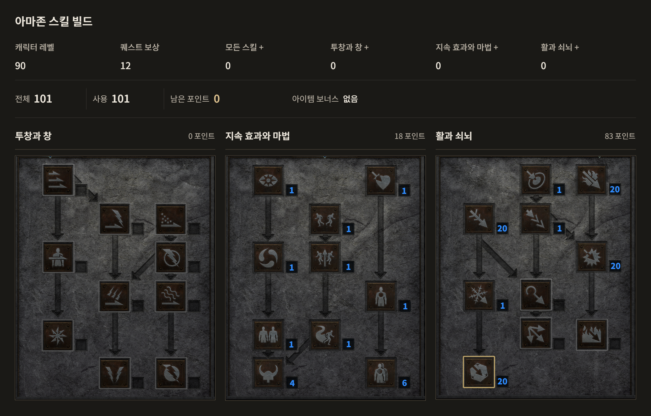 아마존 A·B 공통 · 레벨 90. 내면의 시야 1점, 치명타 1점, 흘리기 1점, 투사체 감속 1점, 회피 1점, 간파 1점, 미끼 1점, 피하기 1점, 발키리 4점, 관통 6점, 마법 화살 1점, 불꽃 화살 20점, 냉기 화살 20점, 다발 사격 1점, 폭발 화살 20점, 얼음 화살 1점, 빙결 화살 20점
