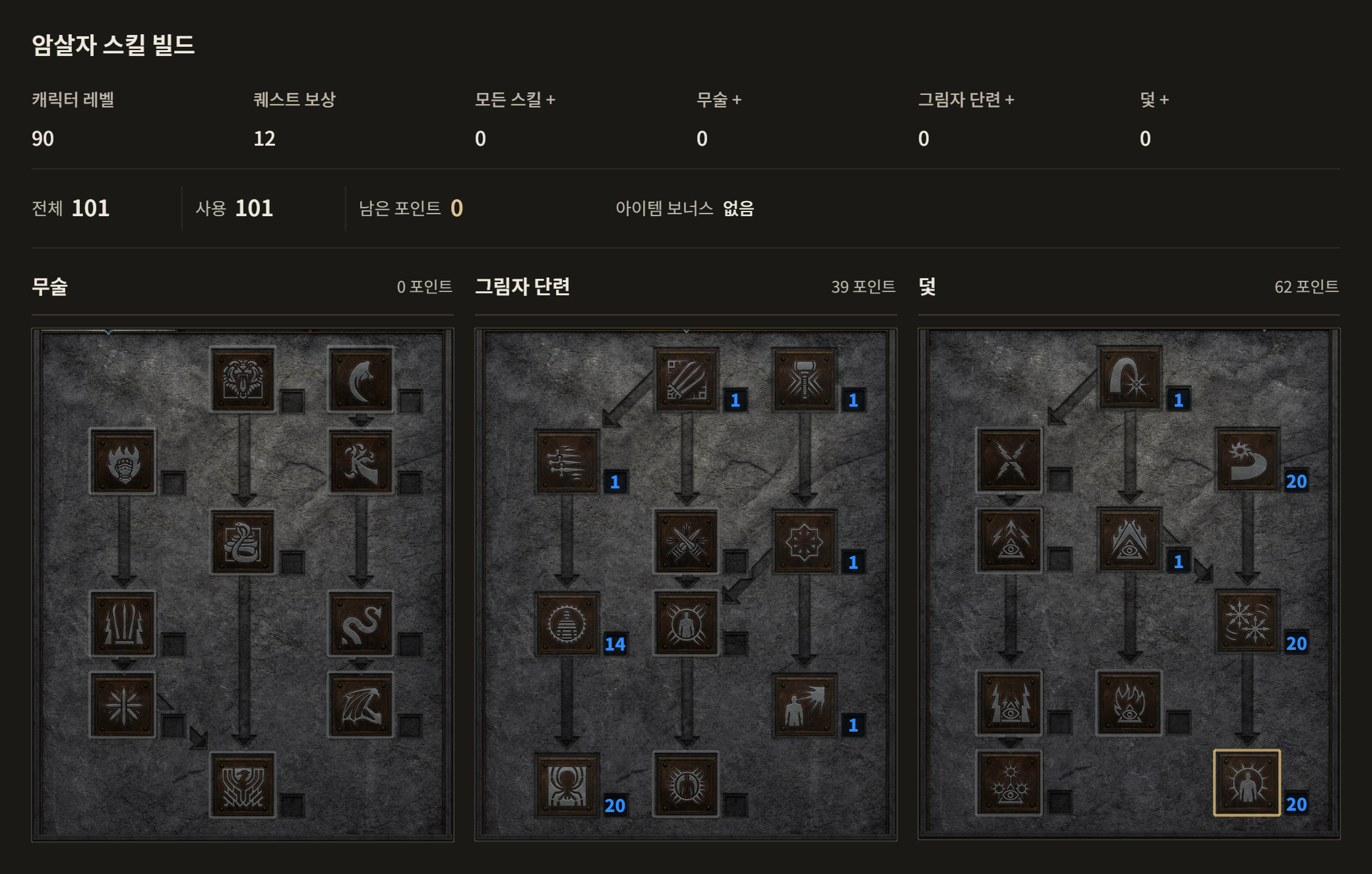 암살자 A·B 공통 · 레벨 90. 손톱 숙련 1점, 정신의 망치 1점, 폭발적인 속도 1점, 그림자 망토 1점, 흐리기 14점, 정신 폭발 1점, 맹독 20점, 화염 작렬 1점, 파수꾼의 칼날 20점, 불의 파동 1점, 분노의 칼날 20점, 칼날 방패 20점
