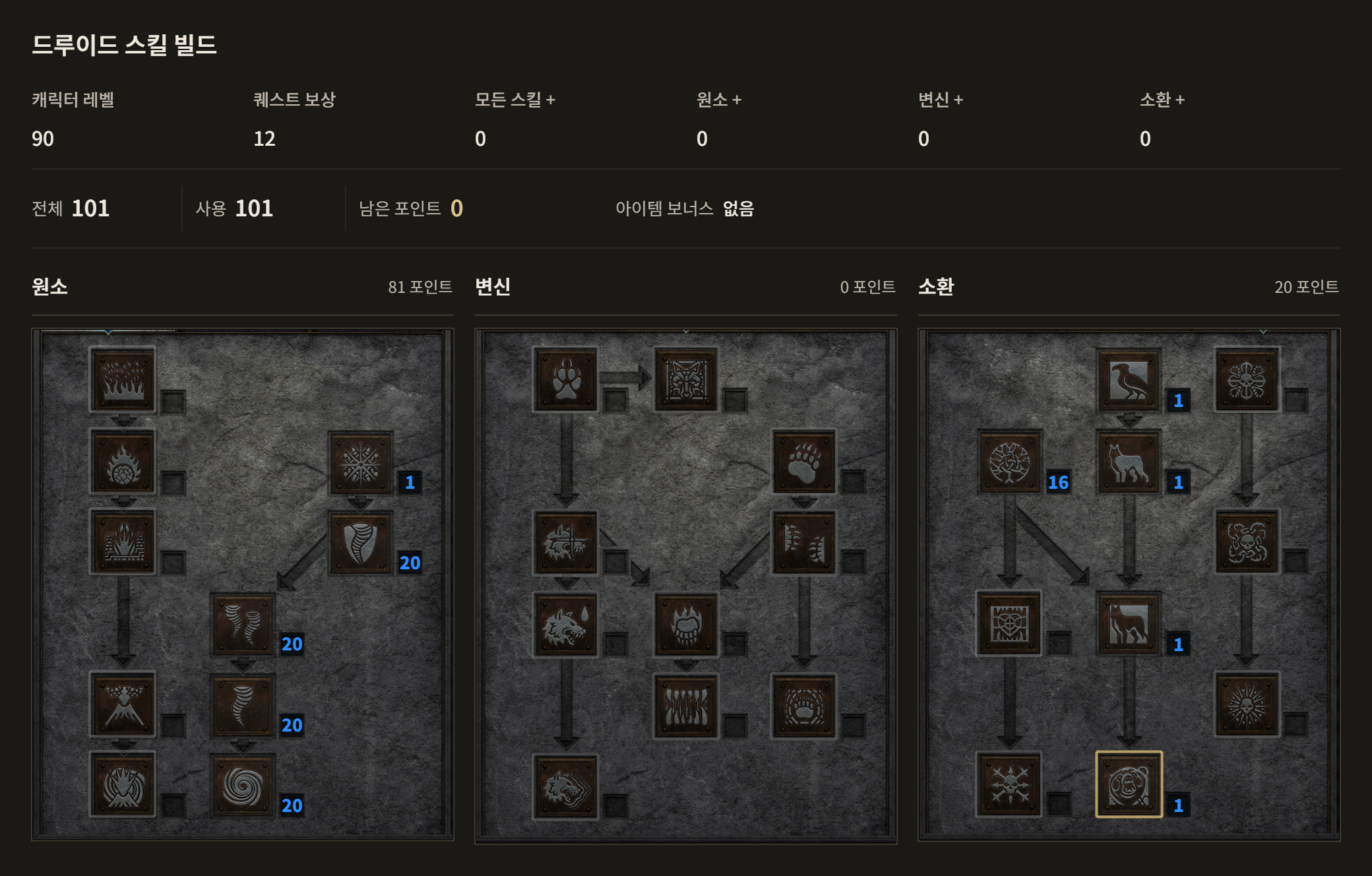 드루이드 A·B 공통 · 레벨 90 완성 배분. 회오리바람 20점, 허리케인 20점, 회오리 갑옷 20점, 돌개바람 20점, 회색곰 소환 1점, 참나무 현자 16점, 극지 돌풍 1점, 광포한 늑대 소환 1점, 영혼 늑대 소환 1점, 큰까마귀 1점