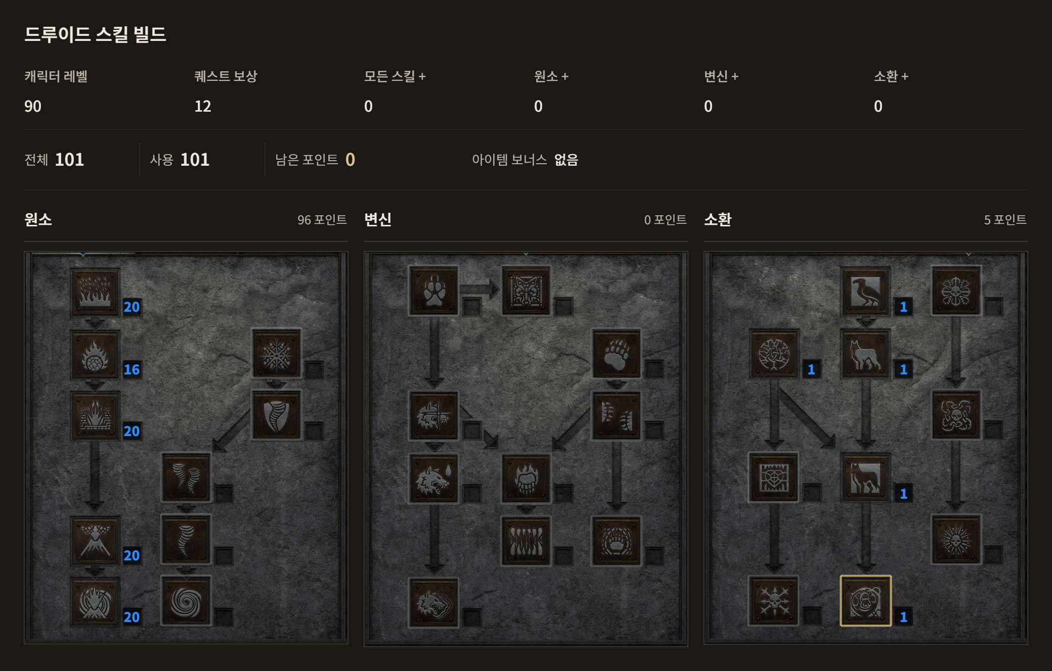 드루이드 A·B 공통 · 레벨 90 완성 배분. 화염폭풍 20점, 균열 20점, 화산 20점, 아마겟돈 20점, 회색곰 소환 1점, 타오르는 바위 16점, 광포한 늑대 소환 1점, 참나무 현자 1점, 영혼 늑대 소환 1점, 큰까마귀 1점