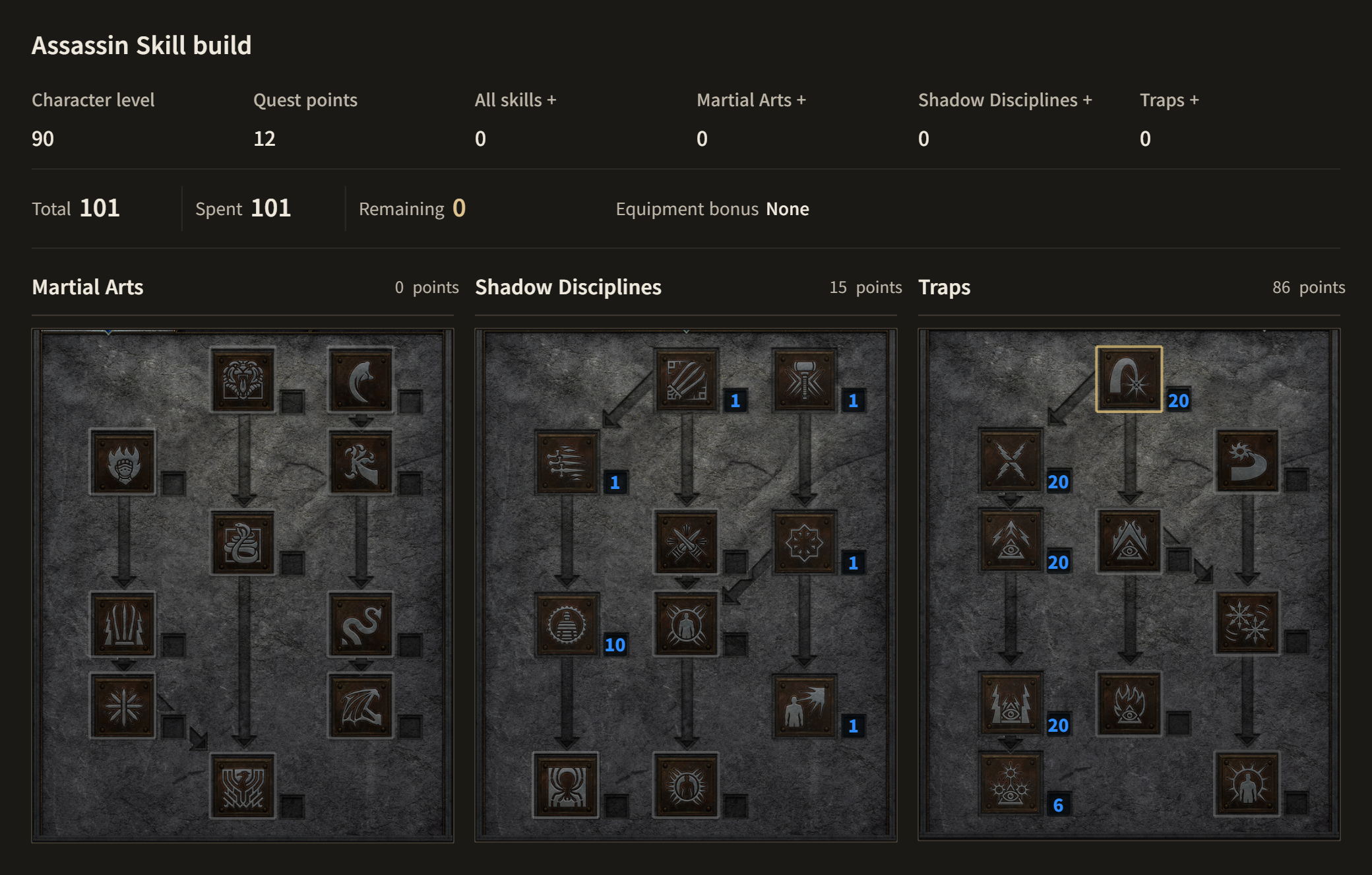 Assassin A·B Shared · Level 90. Claw Mastery 1 points, Psychic Hammer 1 points, Burst of Speed 1 points, Cloak of Shadows 1 points, Fade 10 points, Mind Blast 1 points, Fire Blast 20 points, Shock Web 20 points, Charged Bolt Sentry 20 points, Lightning Sentry 20 points, Death Sentry 6 points