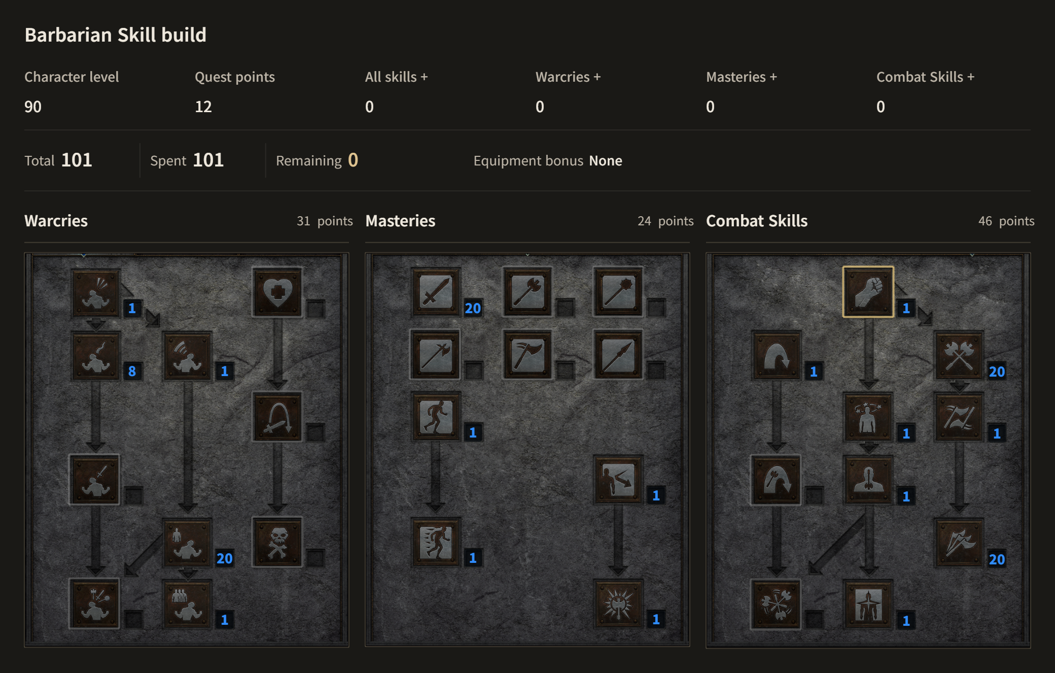 Barbarian A·B Shared · Level 90. Howl 1 points, Taunt 8 points, Shout 1 points, Battle Orders 20 points, Battle Command 1 points, Blade Mastery 20 points, Increased Stamina 1 points, Iron Skin 1 points, Increased Speed 1 points, Natural Resistance 1 points, Bash 1 points, Leap 1 points, Double Swing 20 points, Stun 1 points, Double Throw 1 points, Concentrate 1 points, Frenzy 20 points, Berserk 1 points