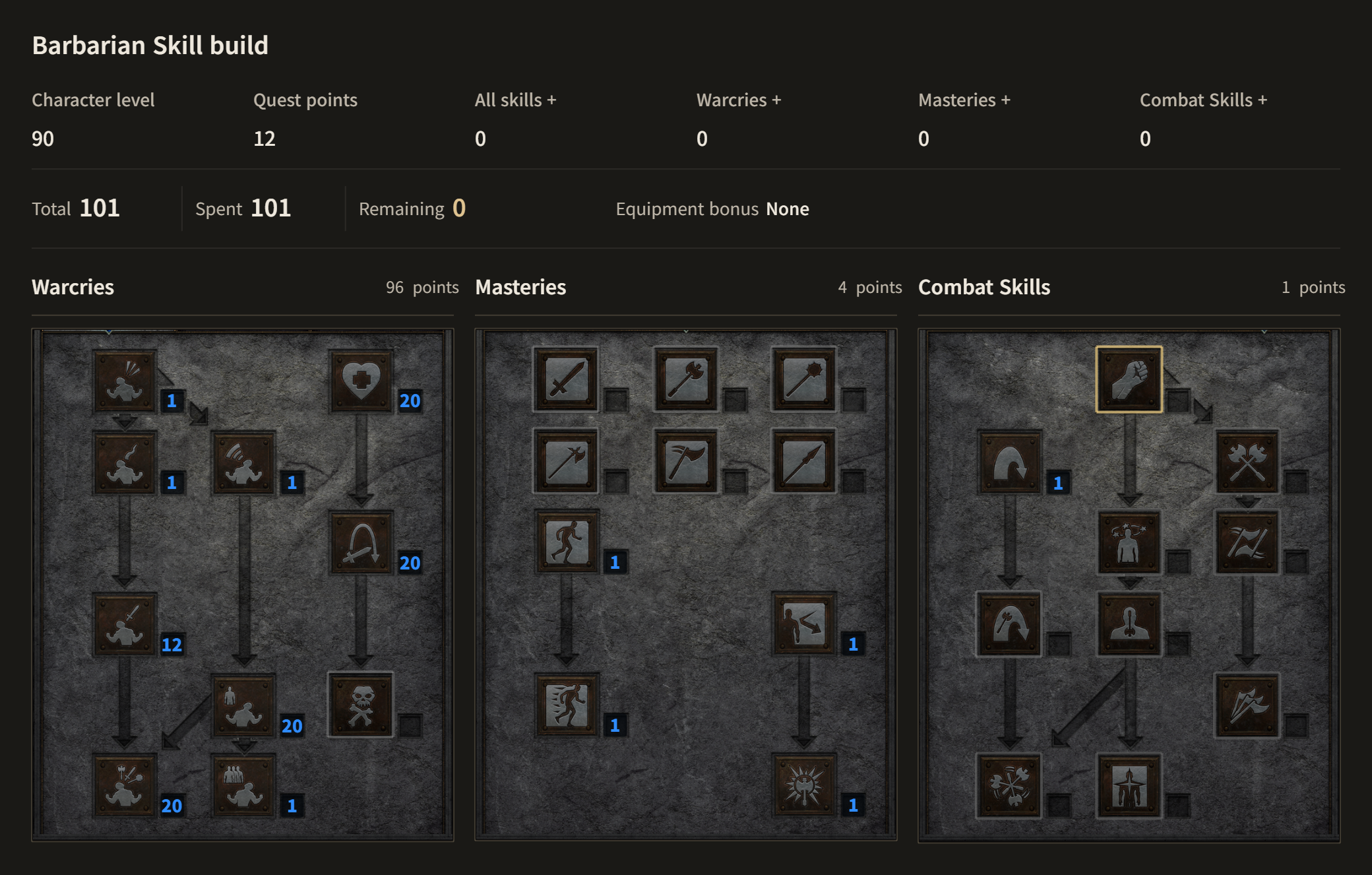 Barbarian A·B Shared · Level 90. Howl 1 points, Find Potion 20 points, Taunt 1 points, Shout 1 points, Find Item 20 points, Battle Cry 12 points, Battle Orders 20 points, War Cry 20 points, Battle Command 1 points, Increased Stamina 1 points, Iron Skin 1 points, Increased Speed 1 points, Natural Resistance 1 points, Leap 1 points