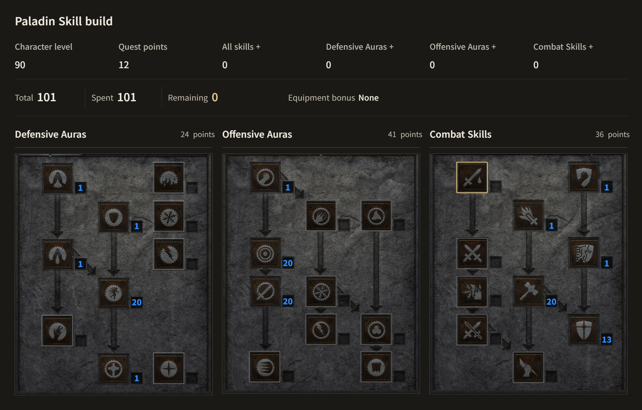 Paladin A·B Shared · Level 90 complete allocation. Blessed Hammer 20 points, Vigor 20 points, Blessed Aim 20 points, Concentration 20 points, Redemption 1 points, Holy Shield 13 points, Holy Bolt 1 points, Cleansing 1 points, Prayer 1 points, Defiance 1 points, Might 1 points, Charge 1 points, Smite 1 points